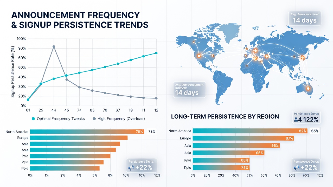 Graph showing signup persistence curves across different announcement frequencies in global prize networks