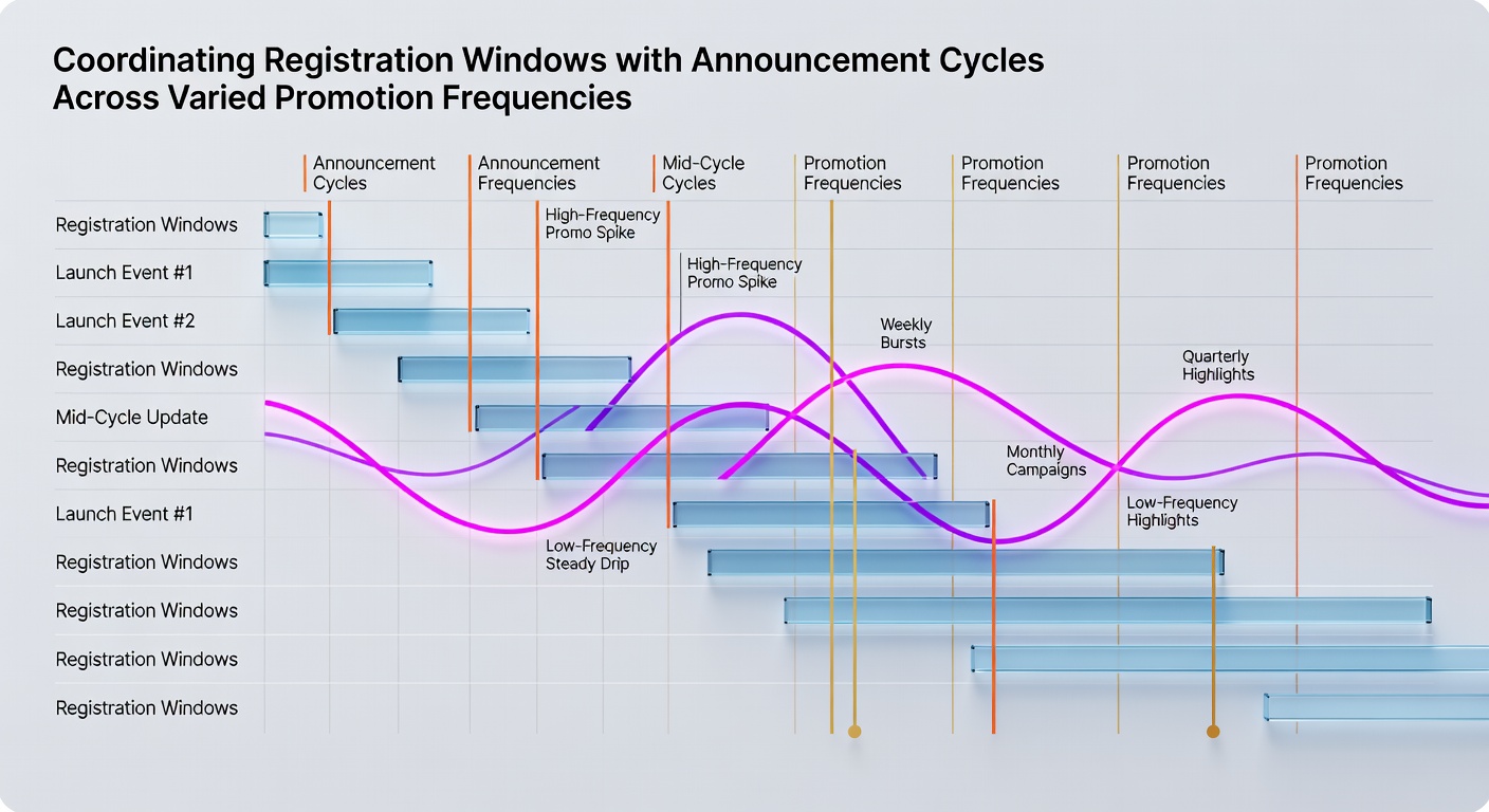 Timeline diagram illustrating registration windows aligned with announcement cycles for daily, weekly, and monthly sweepstakes promotions