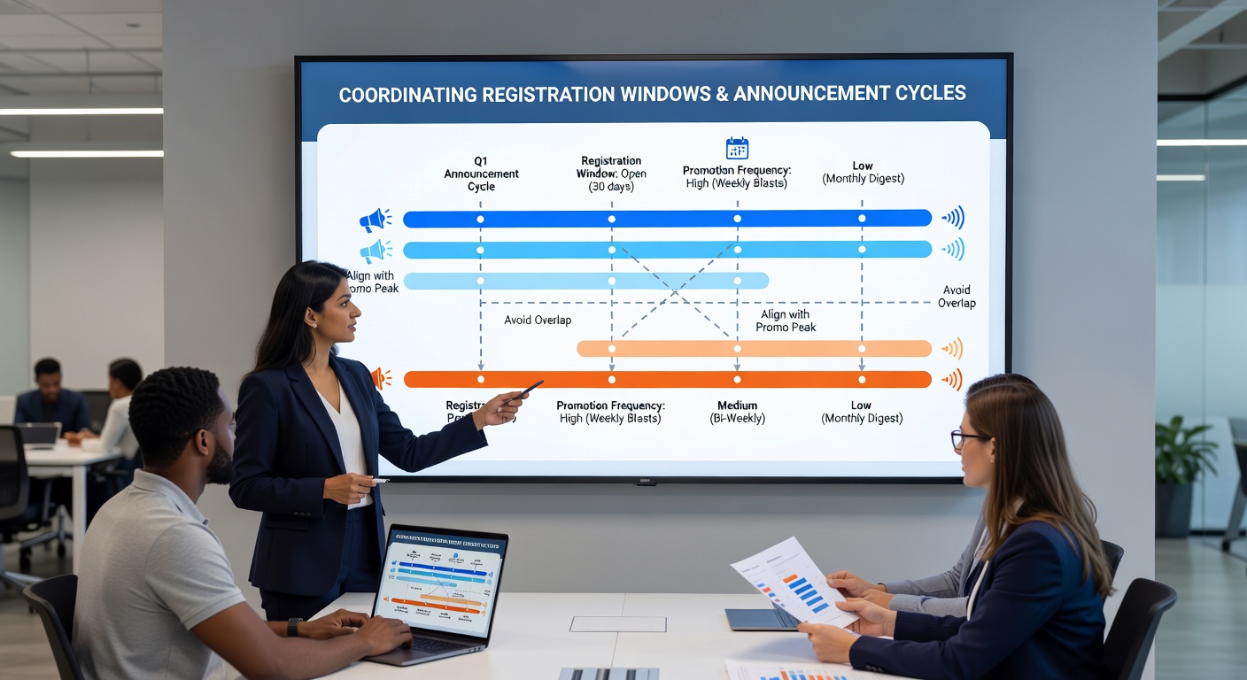 Calendar view showing how monthly registration periods integrate with weekly and daily announcement cycles in a coordinated promotion schedule