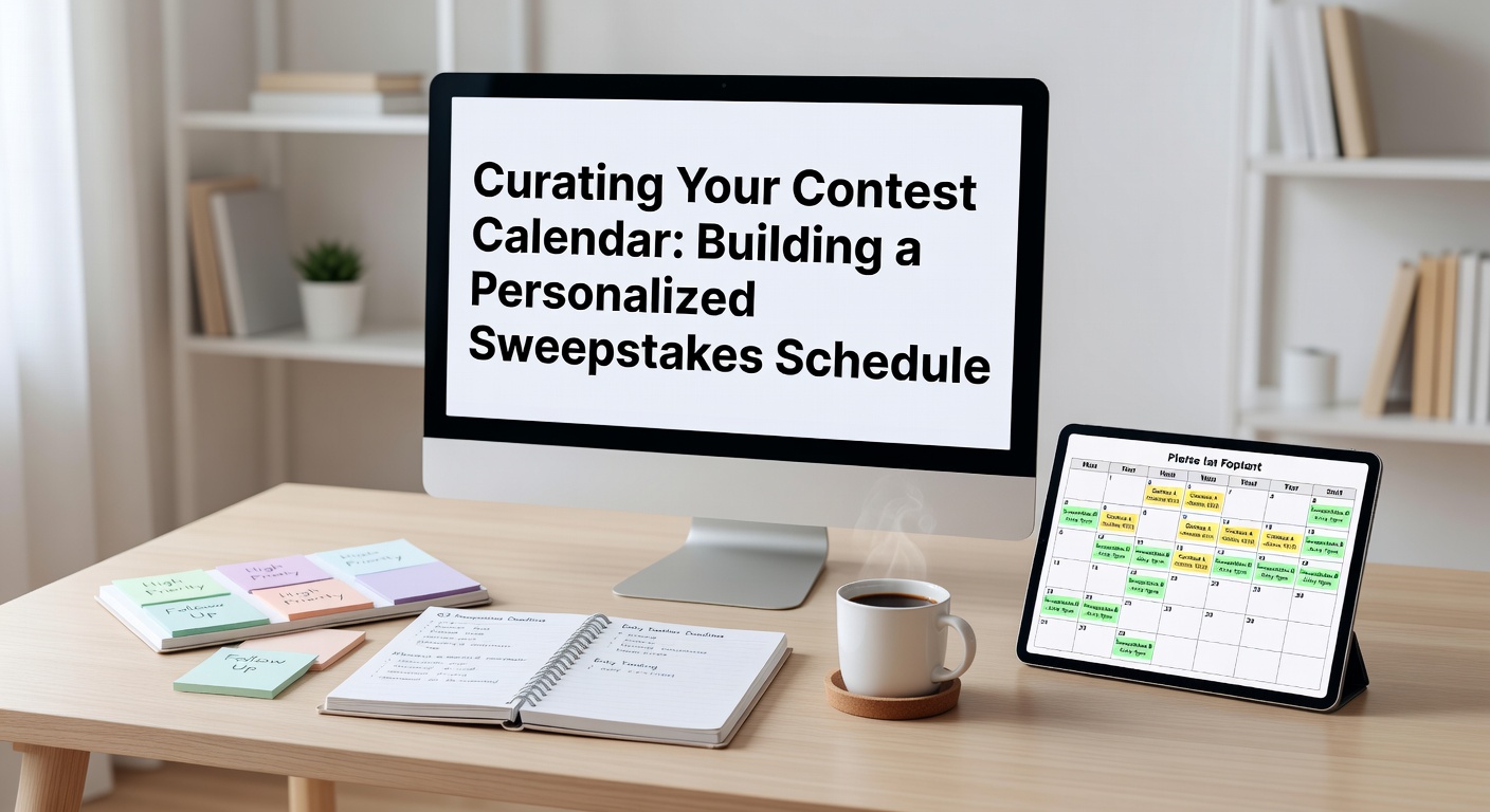 A colorful digital calendar filled with marked sweepstakes deadlines, entry reminders, and prize icons, illustrating a well-organized contest schedule