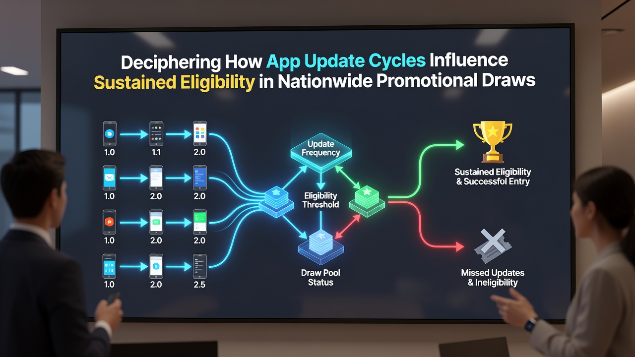 Smartphone displaying a promotional draw app interface with update notifications and eligibility status indicators