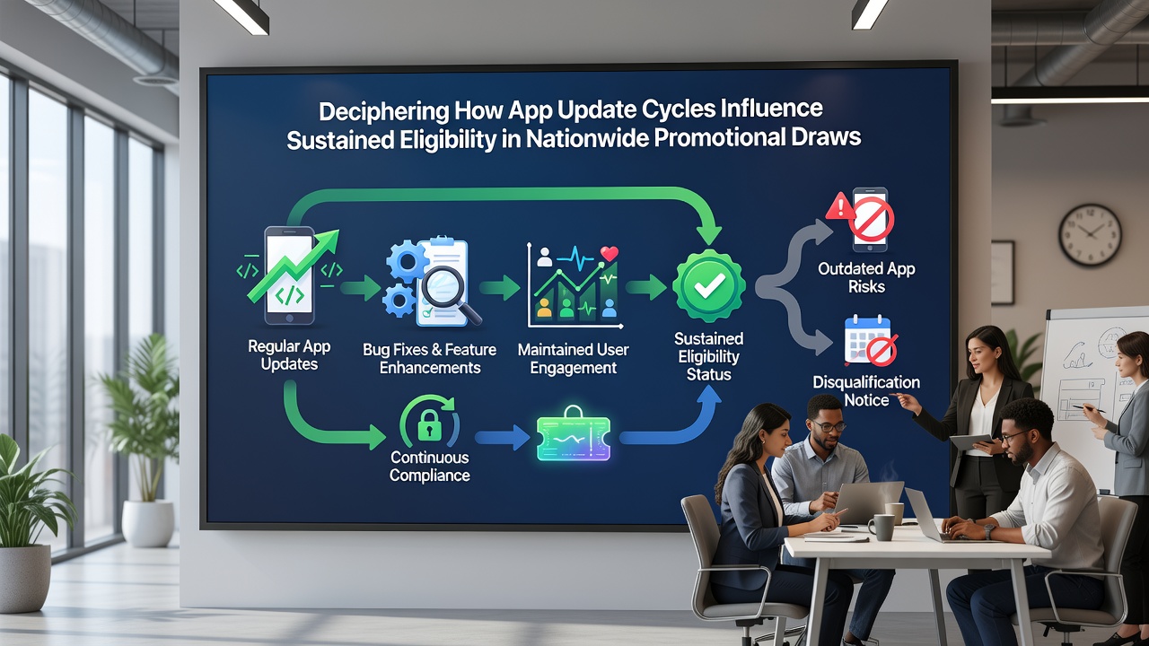 Infographic showing app update timeline impacting promotional draw eligibility across multiple devices and regions