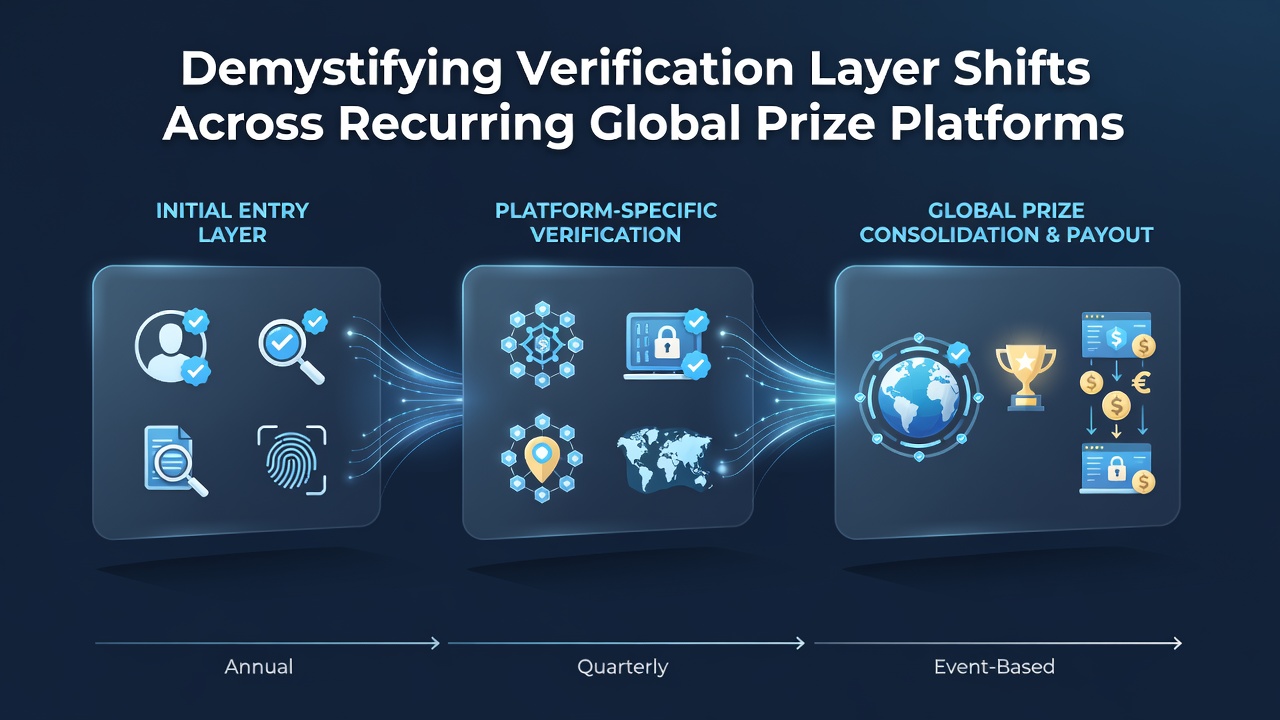 Global prize platforms showing layered verification interfaces across multiple devices and regions