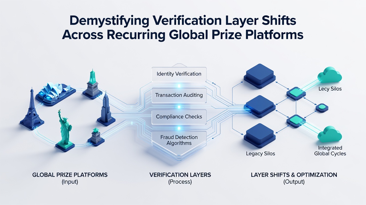 Illustration of verification workflow updates on recurring prize platforms with data flow diagrams
