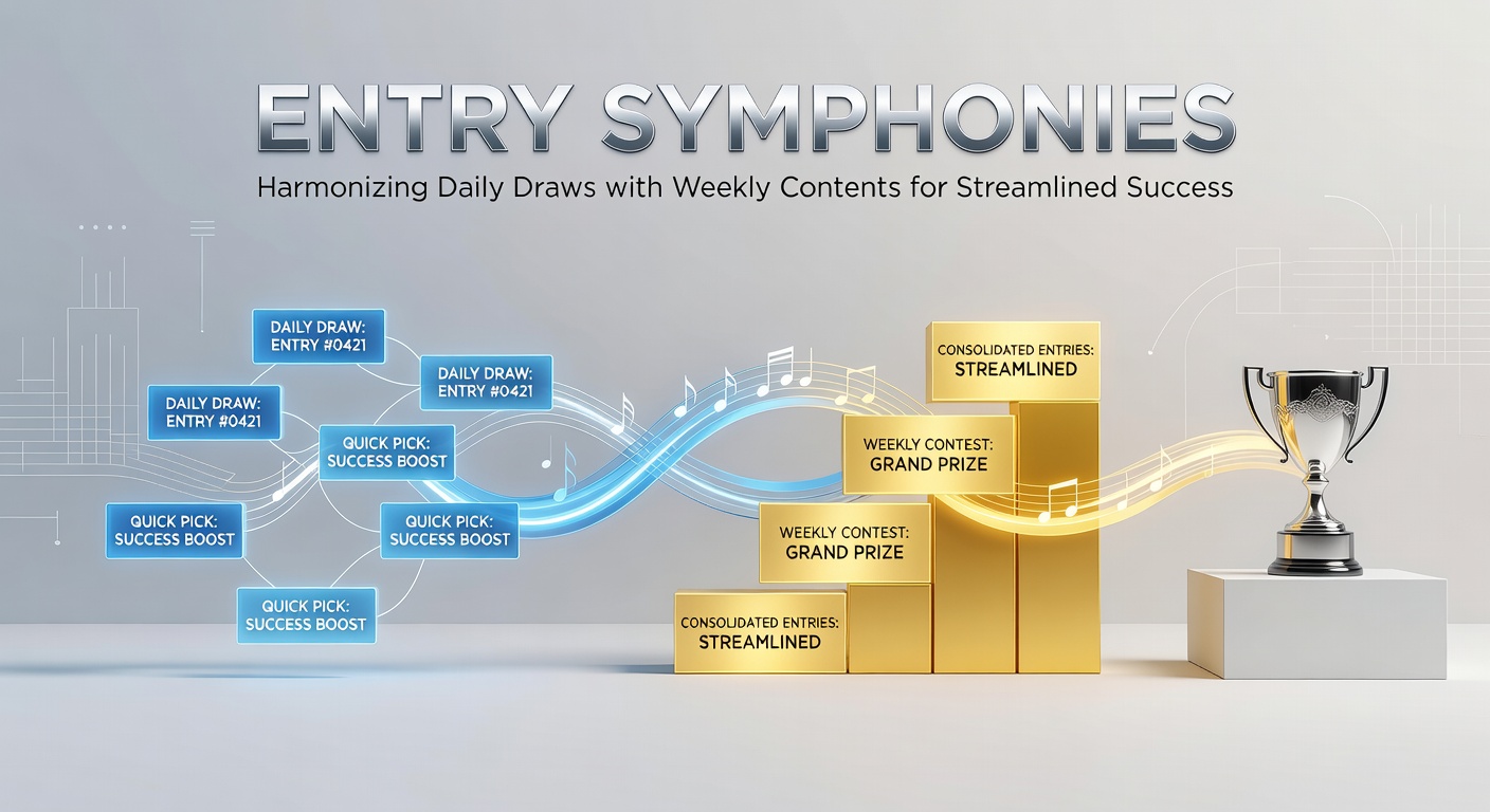 A digital calendar overlayed with icons of daily entry forms and weekly contest trophies, symbolizing synchronized sweepstakes participation