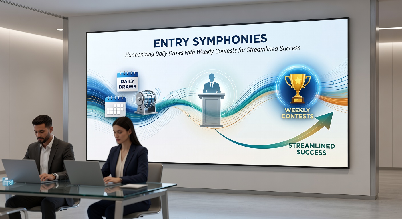 Illustration of a conductor's baton directing musical notes shaped like entry forms, daily clocks, and weekly calendars toward a glowing prize trophy