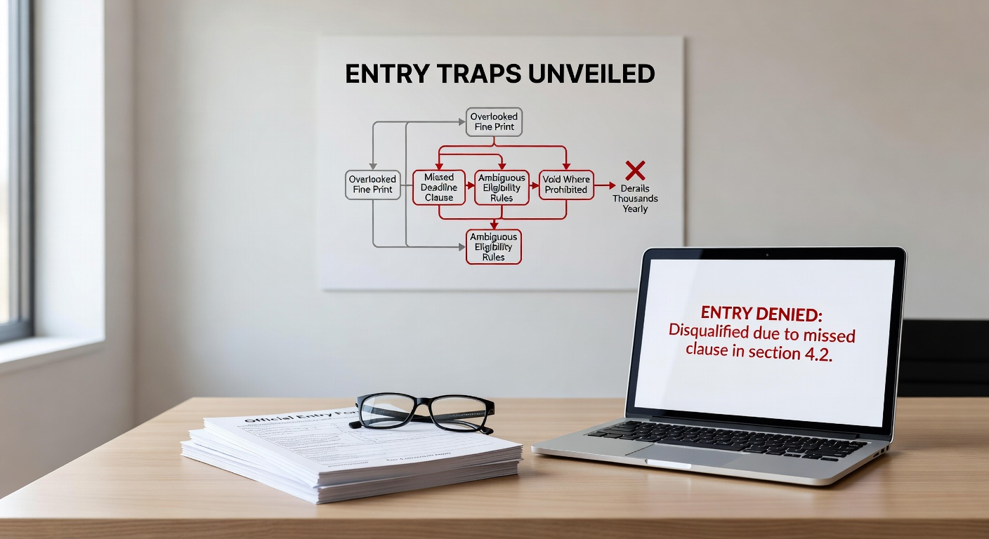 Illustration of a contestant stepping into a hidden trap while entering a sweepstakes, symbolizing overlooked rules that lead to disqualification