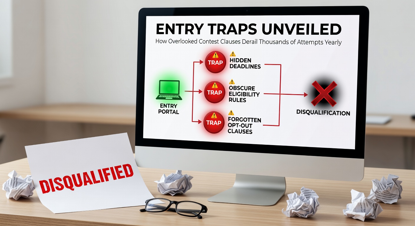 Close-up of fine print in contest rules under a magnifying glass, revealing hidden traps like residency limits and entry caps that disqualify entrants