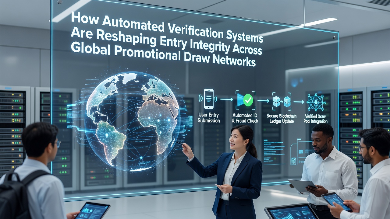 Global network dashboard displaying real-time verification metrics for promotional entries