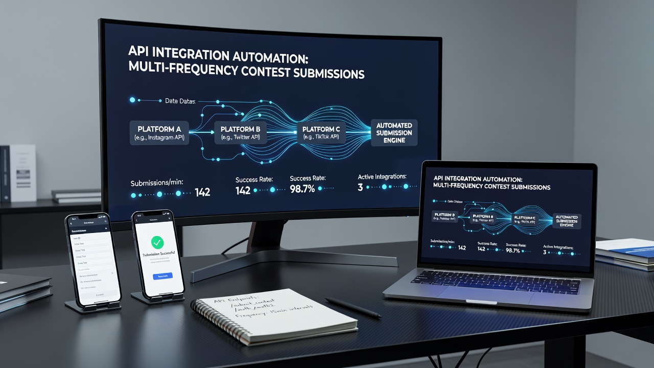 API dashboard showing automated contest submission workflows across multiple platforms with frequency settings