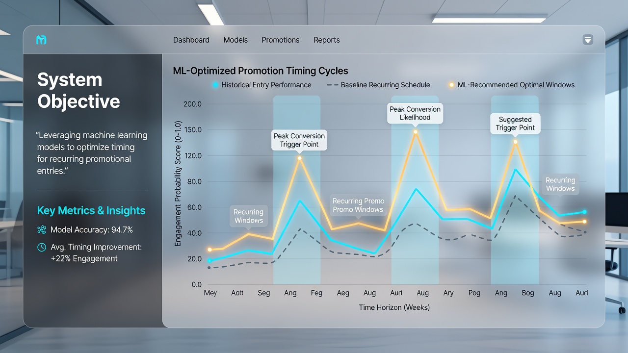 Analytics visualization showing optimized entry timing predictions overlaid on promotional calendar data