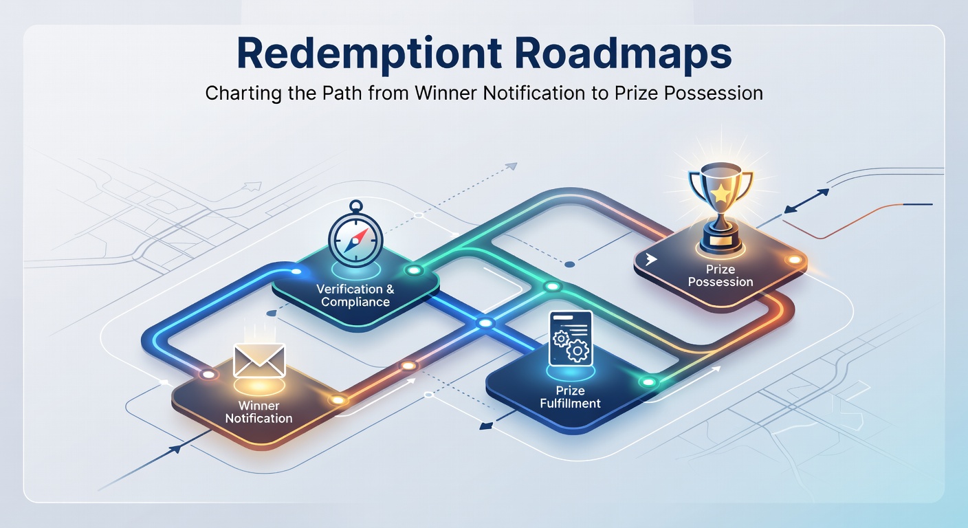 A winding road map illustrating the journey from a winner notification letter to a delivered prize package, with checkpoints along the way