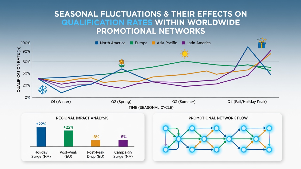 Global promotional networks showing seasonal entry patterns and qualification trends across different regions