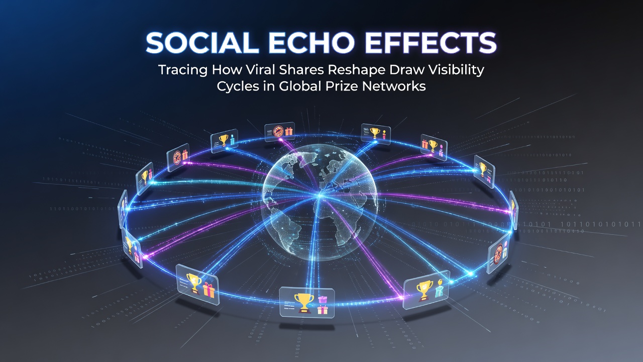 Illustration of social media shares creating ripple effects across global prize draw networks