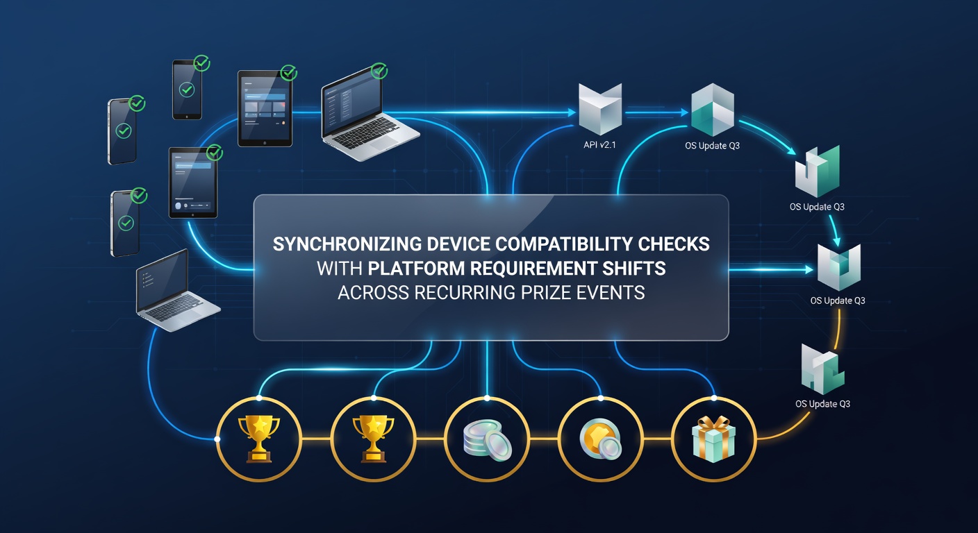 Device compatibility testing interface showing multiple platforms and requirement checklists for prize event entries