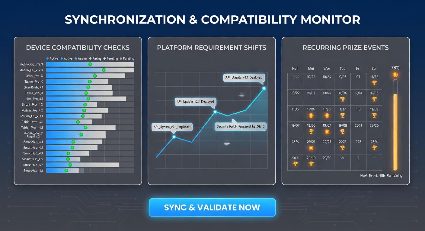 Team reviewing compatibility reports on multiple screens during a recurring contest platform update