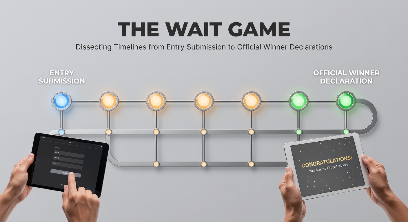 A digital clock ticking down beside a stack of entry forms and prize trophies, symbolizing the anticipation in sweepstakes timelines