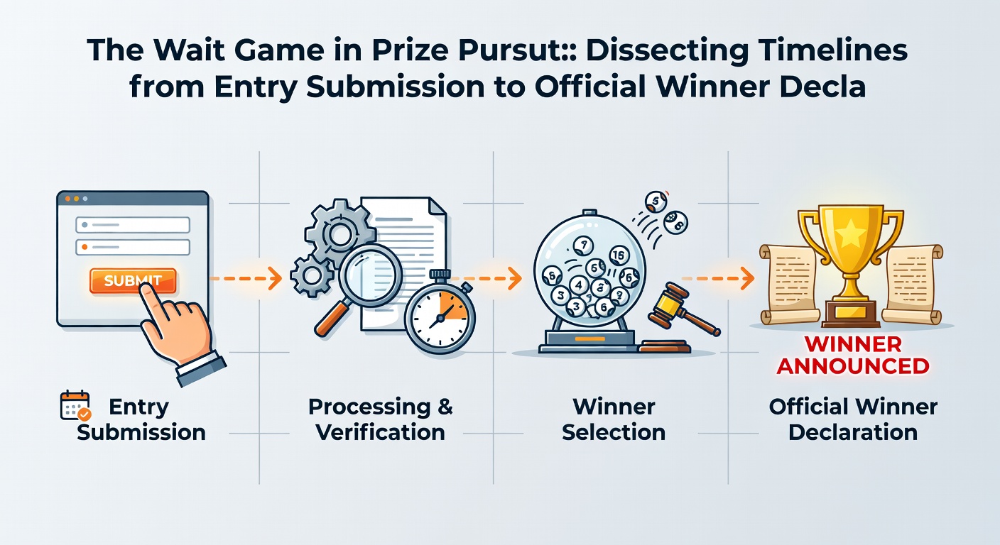 Calendar pages flipping rapidly with entry stamps and winner notifications pinned to dates, capturing the extended timelines in prize pursuits