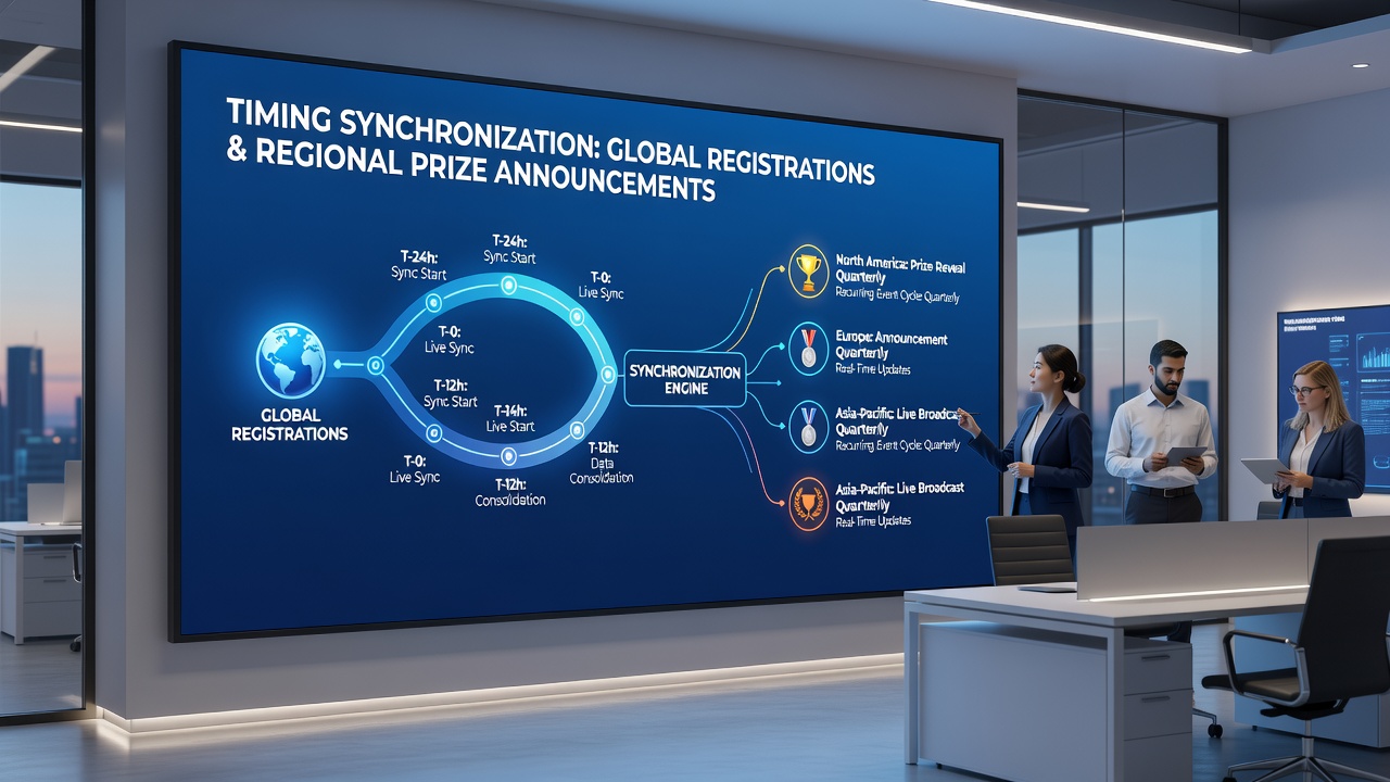 Timeline graphic showing staggered regional prize announcements across continents with synchronized global entry deadlines