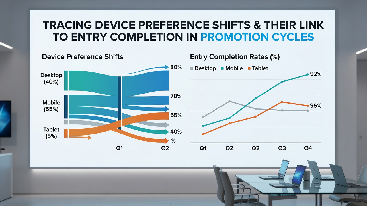 Illustration of mobile and desktop devices side by side with promotion entry statistics overlay