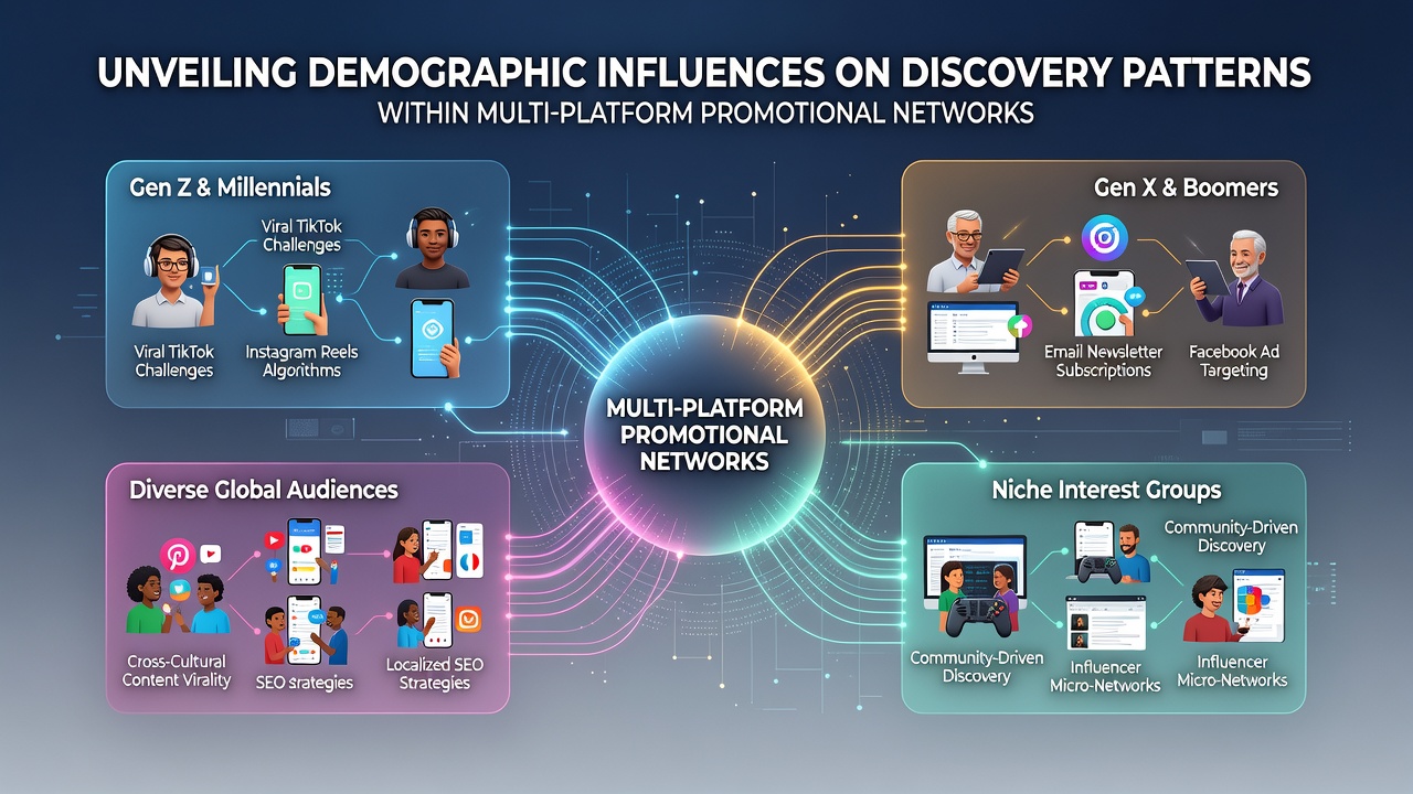 Charts and graphs illustrating demographic data on promotional discovery across age, location, and income groups in digital networks